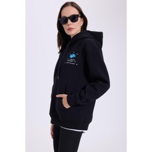 Tudors Kadın Oversize Geniş Kesim Pamuklu Yumuşak Dokulu İçi Polarlı Baskılı Siyah Kapüşonlu Sweatshirt