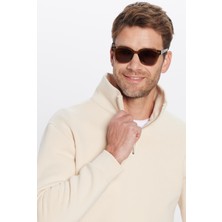 Tudors Relax Fit Rahat Kesim Pamuklu Içi Polarlı Yarım Fermuarlı Ekru Dik Yaka Sweatshirt