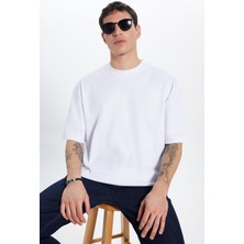Tudors Unisex Oversize Geniş Kesim %100 Pamuk Yumuşak Dokulu Basic Bisiklet Yaka Beyaz Tişört