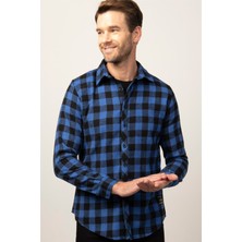 Tudors Slim Fit Uzun Kollu Kışlık Oduncu Dama Desen Erkek Sax Mavi Gömlek