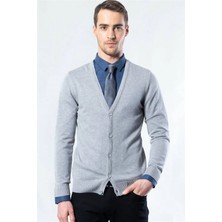 Tudors Erkek Slim Fit Düğmeli Düz Pamuk Gri Hırka