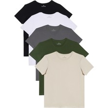 Tudors Unisex 5'li Paket Siyah-Beyaz-K. Gri-Haki-Taş Slim Fit Dar Kesim %100 Pamuk Bisiklet Yaka Tişört