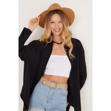 Tudors Kadın Oversize Geniş Kesim Bürümcük Pens Detaylı Uzun Kollu Dokulu Siyah Gömlek