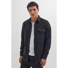 Tudors Erkek Slim Fit Tek Cep Kapaklı Düz Oduncu Spor Siyah Gömlek