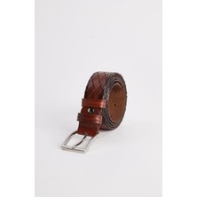 Tudors Erkek %100 Hakiki Deri 3,5 cm Desenli Klasik Kahverengi Kemer