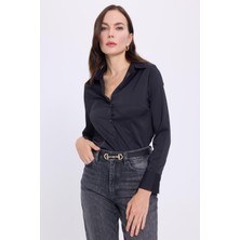 Tudors Kadın Slim Fit Dar Kesim Klasik Yaka Uzun Kollu Siyah Gömlek
