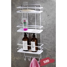 3 Katlı Kancalı Yapışkanlı Banyo Duş Rafı, Ayarlanabilir Kristal Raf, Beyaz
