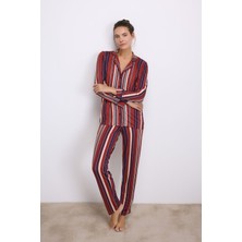 Anıl Kadın Uzun Kollu Düğmeli Çizgili Pijama Takımı 11578