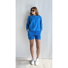 The Fancy Kadın Bisiklet Yaka Uzun Kollu Sweatshirt Bel Lastikli Şort Ikili Takım