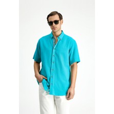 Kiğılı Kısa Kol Regular Fit Düğmeli Yaka Keten Görünümlü Pamuk Spor Gömlek