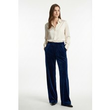 Defy's Kadın Bol Paça Cepli Kadife Oversize Fit Pantolon Lacivert