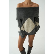 Cemo Kayık Yaka Baklava Desenli Oversize Triko Kazak