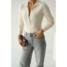 Cemo Polo Yaka Düğmeli Ribana Triko Kazak