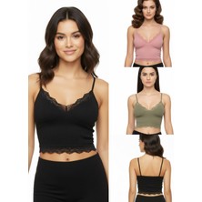 ACTRİS 3'lü Crop Takım Askılı Dantelli Pedli Büstiyer Bluz (Paket Içeriği 1- Haki-Yeşil, 1-Pembe, 1-Siyah)
