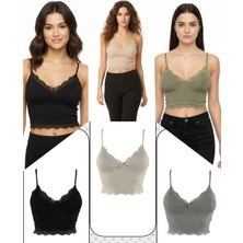ACTRİS 3'lü Crop Takım Askılı Dantelli Pedli Büstiyer Bluz (Paket Içeriği 1- Haki-Yeşil, 1-Taş, 1-Siyah)