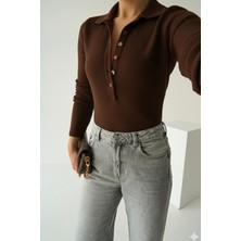 Cemo Polo Yaka Düğmeli Ribana Triko Kazak