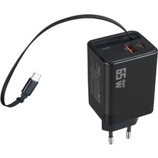 GUNKES 65WATT 2xusb-C + 1xusb-A Çıkışlı, Dahili Usb-C Kablolu Hızlı Duvar Şarj Aleti