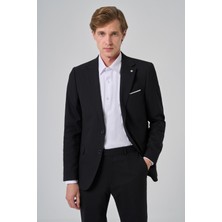 Morven  Erkek Siyah Yünlü Slim Fit Mono Yaka Takım Elbise