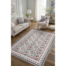 Homshtag Çiçekli Yeşil Pembe Halı, Pastel Oturma Odası Halısı, Yıkanabilir Vintage  Halı