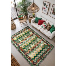 Homshtag Zikzak Desenli Çok Renkli Salon Halısı, Yeşil Kırmızı Sarı Halı, Yıkanabilir Dokuma Pamuk Tabanlı Kaymaz Tabanlı Halı