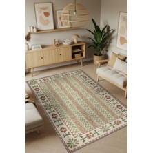 Homshtag Terrakota ve Adaçayı Yeşili Botanik Desenli Geometrik Oturma Odası Halısı, Japon & Iskandinav Oda Dekoru, Japandi Halı