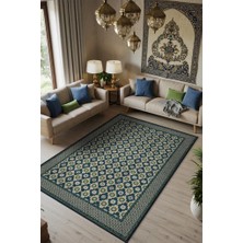 Homshtag Osmanlı Çini Desenli Oturma Odası Halısı, Yeşil Mavi Lacivert Halı, Minimal Ev Dekoru, Yıkanabilir Dokuma Pamuk Tabanlı Halı
