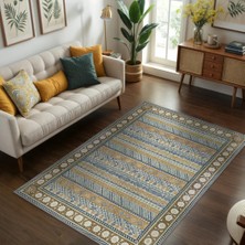 Homshtag Rustik Geometrik Desenli, Çiçek Bordürlü Mavi ve Hardal Renkli Benzersiz Salon Halısı, Yıkanabilir Bohem Oturma Odası Halısı