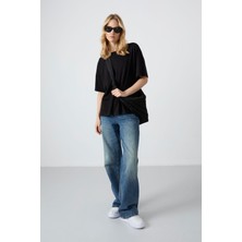 Tommy Life Siyah Penye Modal Yumuşak Tuşeli Oversize Fit Basic Kadın T-Shirt- 97285