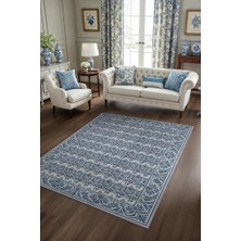 Homshtag Yaprak Motifli 19.yüzyıl Temalı Mavi Lacivert Halı, Yıkanabilir Oturma Odası Halısı, Klasik Salon Halısı