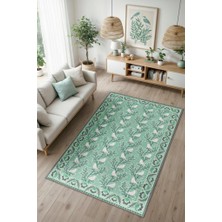 Homshtag Oturma Odası Halısı, Kuş ve Ağaç Desenli Yeşil Halı, Maksimalist Ev Dekoru, Yıkanabilir Çocuk Odası Halısı