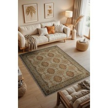 Homshtag Osmanlı Türk Kültürü Desenli Klasik Oturma Odası Halısı, Kiremit Renli Halı, Makinede Yıkanabilir Madalyon Halı