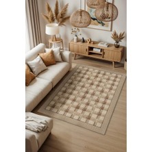 Homshtag Ekose Desenli Hasır Renkli Oturma Odası Halısı, Iskoç Etnik Desenli Salon Halısı, Fındık Renkli Yıkanabilir Kareli Halı