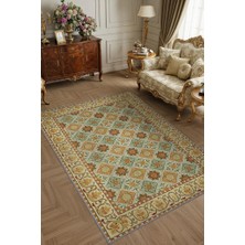 Homshtag Yıkanabilir Dokuma Pamuk Tabanlı Kaymaz Tabanlı Salon Halısı, Yeşil ve Koyu Sarı Renkli Mozaik Desenli Halı