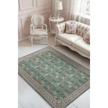 Homshtag Pembe Yeşil Vintage Çiçekli Halı, Madalyon Bordürlü Yıkanabilir Oturma Odası Halısı