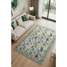 Homshtag Aşk Merdiveni Desenli Krem ve Yeşil Halı, Bordürlü Kır Evi Halısı