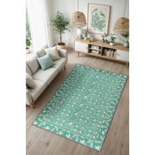 Homshtag Kuş Motifli ve Yaprak Desenli Pastel Orman Yeişili Oturm Odası Halısı, Bağ Evi Dekoru, Yıkanabilir Sanatsal Halı