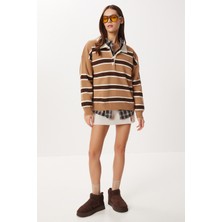 Happiness İstanbul Çizgili Polo Yaka Triko Kazak LXA0023 Bisküvi Kahverengi