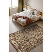 Homshtag Klasik Tarz Çiçek Desenli Salon Halısı, Krem Yeşil Kırmızı Halı, Maksimalist Ev Dekoru, Yıkanabilir Dokuma Pamuk Tabanlı Kaymaz Tabanlı Halı