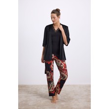 Anıl Kadın Desenli Pantolonlu 3’lü Set – Sabahlık, Dantel Detaylı Atlet ve Pantolon Takımı (11546)