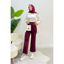Tesettür Diyarı Scuba Kumaş Beli Lastikli Pare Tesettür Pantolon- Bordo