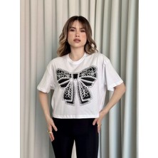 Bigelal Oversize Beyaz Baskılı Crop Tişört
