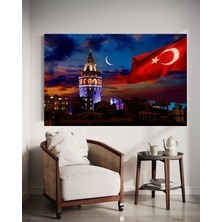 Özkacar Group Yatay Galata Kulesi ve Bayrak Ev Duvar Salon Güzellik Salonu Ofis Dükkan Dekarasyon Kanvas Tablo