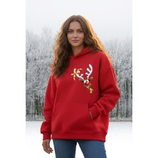 Windy Island Unisex Kadın/erkek Oversize %100 Pamuk "geyik" Baskılı Kırmızı Sweatshirt