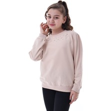 CQCQ Kız Çocuk İnci Detaylı 2 İplik Sweatshirt 5-14 Yaş Bej Renk Şık Günlük Uzun Kollu