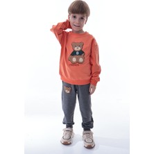 CQCQ Erkek Çocuk Hayvan Figürlü Turuncu Sweatshirt ve Gri Eşofman Takımı–yumuşak Kumaş, Rahat Kalıp Takım