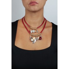Liveyn Design Charm Detaylı Çoklu Tasarım Kırmızı  Choker Kolye