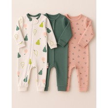 Mıdırık Kız Bebek Erkek Bebek Unisex 9- 18 Ay Yenidoğan Pamuklu Fermuarlı 3'lü Armut Desenli Kullanışlı Tulum Seti