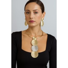 Liveyn Design Kabuk Formlu Gold & Gümüş Renk Detaylı Kolye Küpe Seti