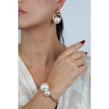 Liveyn Design Büyük Inci Detaylı  Tasarım Küpe  Kelepçe Bileklik Set