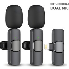 Spasibo Dual Mic 2'li Kablosuz Yaka Mikrofonu Seti | 360° Ses Alımı & Gürültü Engelleyici | 20M Çekim